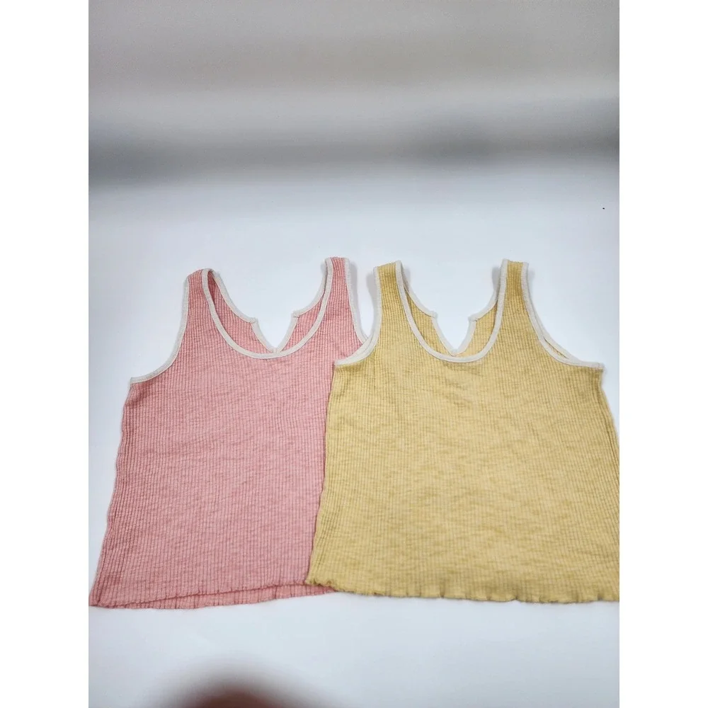Justice Girls 2Pack Ribbed TankTops Pink Yellow Notched Neck Lettuce Hem L 12/14